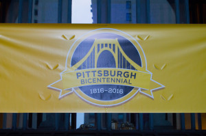By Joseph Guzy | Photo Editor A banner hanging downtown draws attention to Pittsburgh’s bicentennial celebration. The city has several events planned for 2016 to commemorate the founding.